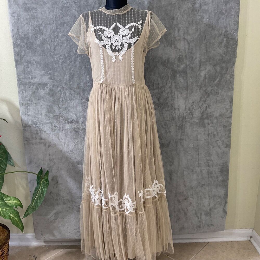 Mia Joy Maxi Dress Size M Embroidered Lace Mesh | Victorian Prairie Fairy